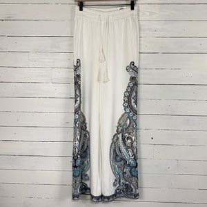 INC White Blue Paisley Wide Leg Elastic Waist Pant